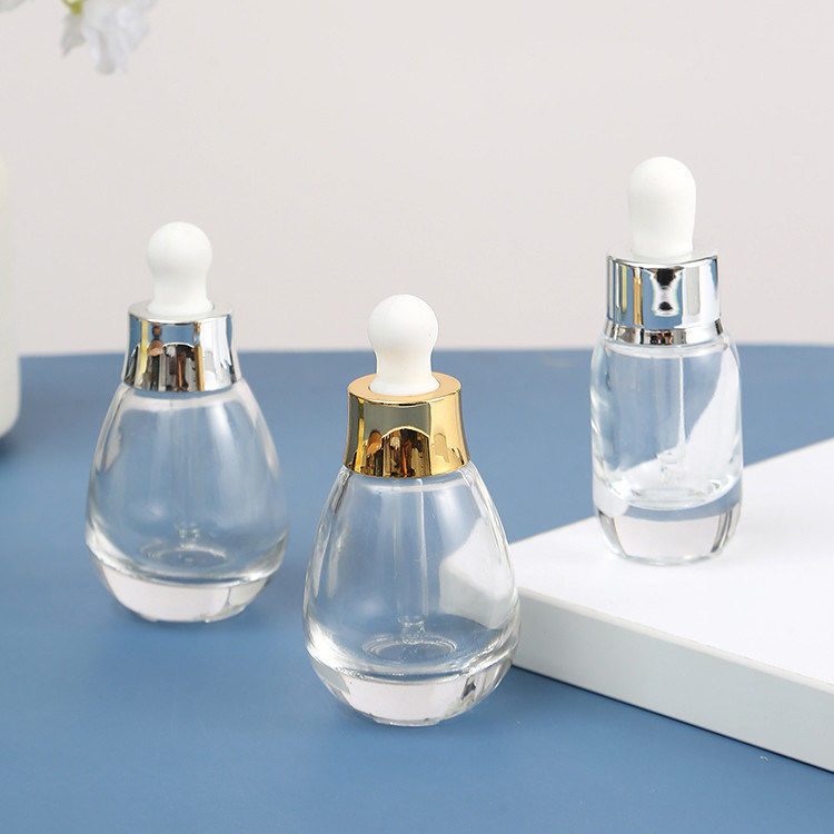 15ml 30ml 50ml Mini Luxury Unique Water Drop Shape Essential Hair Oil Dropper Empty Glass Bottle with Silver or Gold Dropper